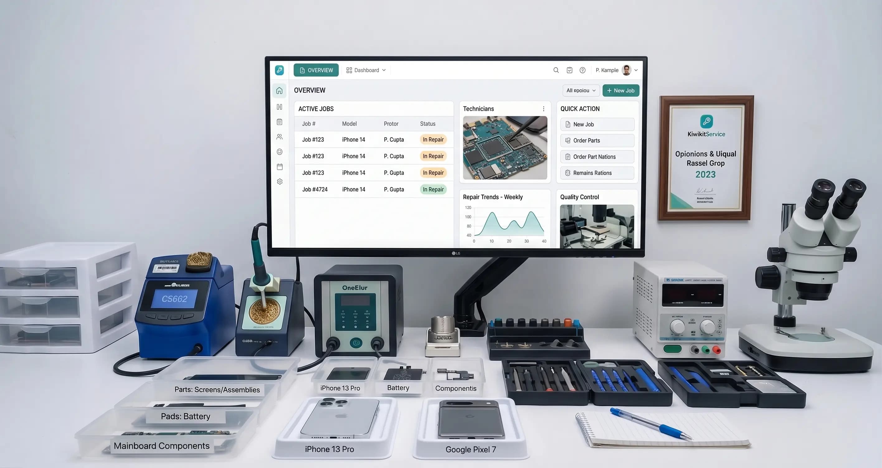 The same bench running Kiwikit Service: active repairs, the technician handling each one and its status on the monitor, with parts sorted into labelled trays.